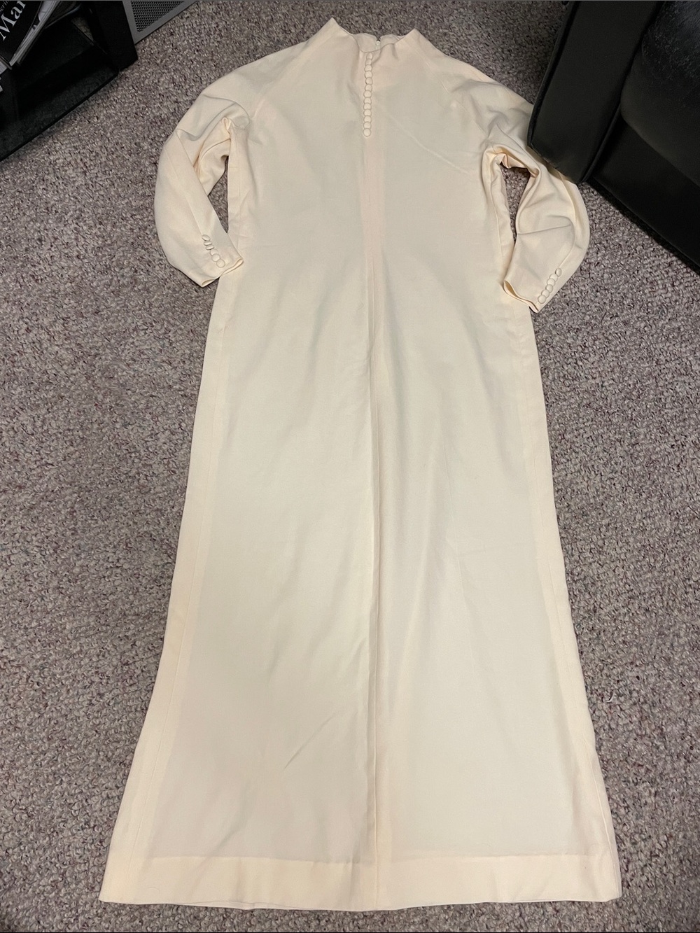 Vintage 70s butter yellow tiny button high neck long sleeve maxi dress